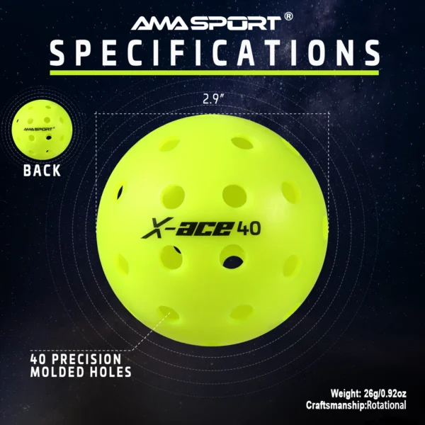 AMA Sport X-ACE Pickleballs 40 Hole Durable Outdoor Pickleball Balls Crack Resistant ONE Piece Balls 100% POP-Optic Yellow - Image 3
